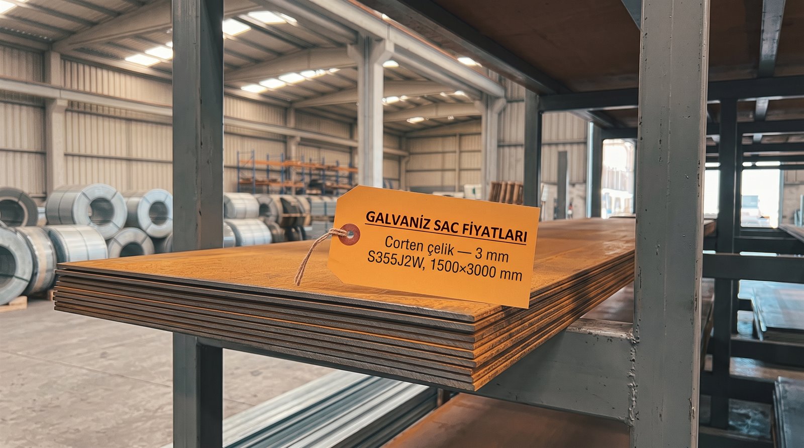 Corten çelik 3 mm S355J2W, 1500×3000 mm — sac deposunda paket