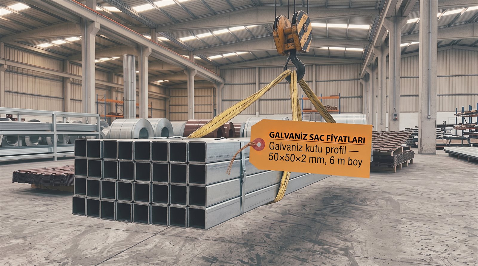 Galvaniz kutu profil 50×50×2 mm, 6 m boy — sac deposunda paket