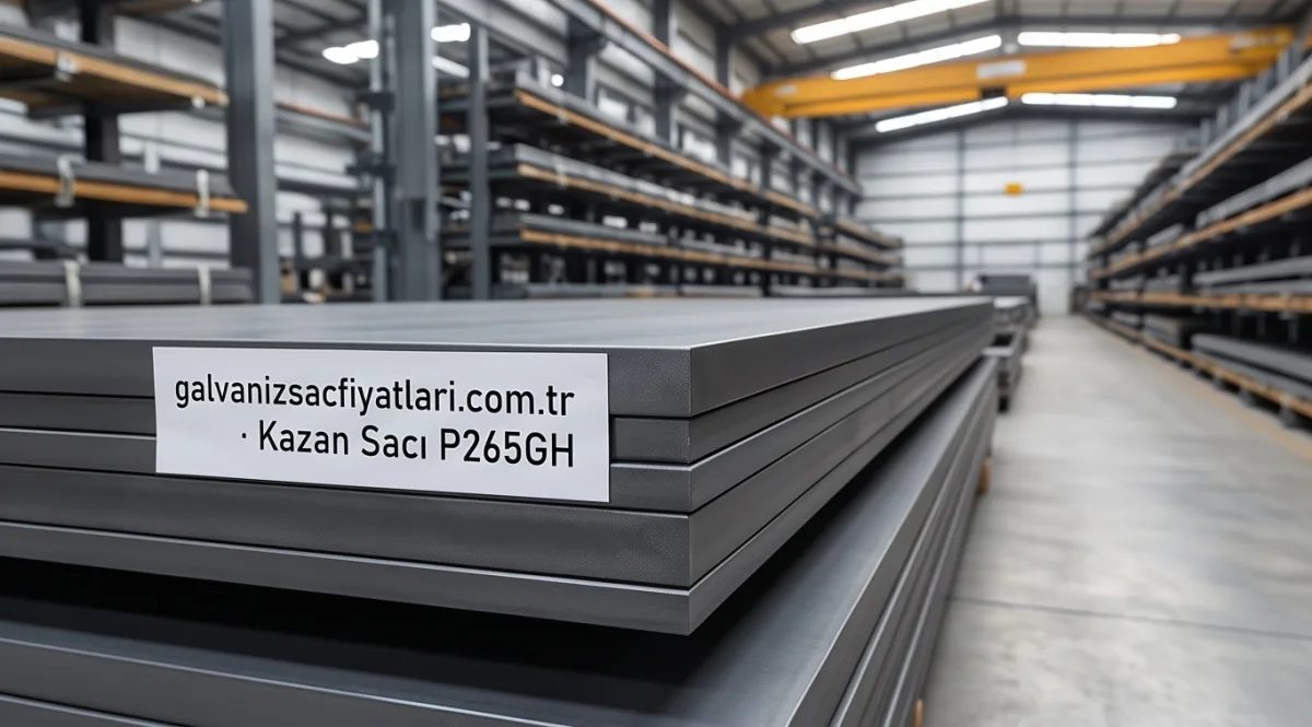 Kazan sacı P265GH — büyük çelik deposunda istifli ürün fotoğrafı
